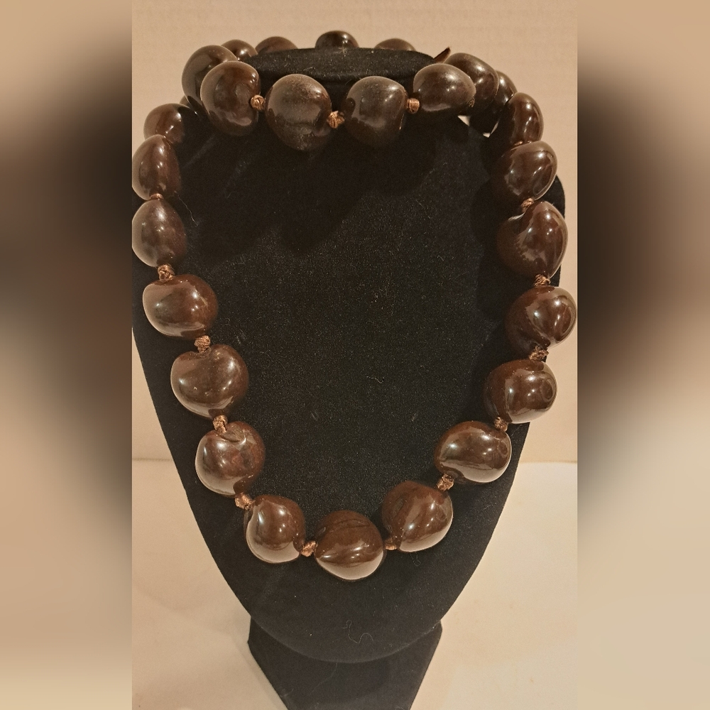 Dark Brown Kukui Nut Lei Natural Beads Necklace Hawaiian.